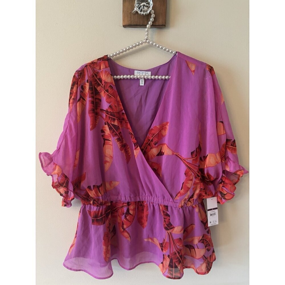 NWT Sofia Jeans Womens Size XXL Purple Floral Faux Wrap Peplum Top Short Sleeve